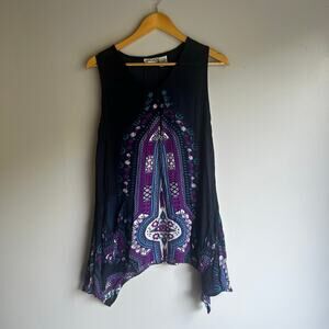 Vintage Belma Tank Asymmetrical Hem Womens XL Pockets Navy Fairy Hippie Festival